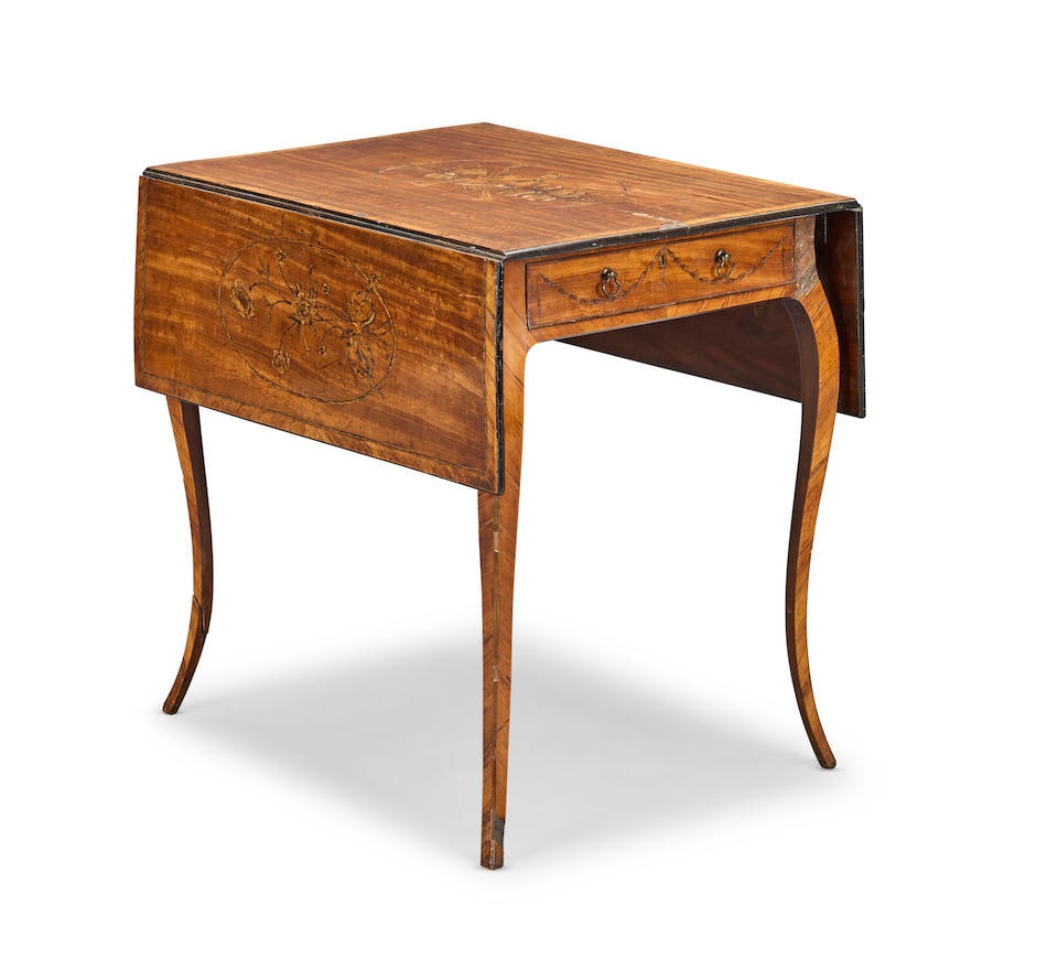 A George III fustic (or satinwood), tulipwood and engraved fruitwood marquetry Pembroke table Ci...: A George III fustic (or satinwood), tulipwood and engraved fruitwood marquetry Pembroke table Circa 1775, probably either by John Cobb or the cabinet making partnership of Ince and Mayhew, this table