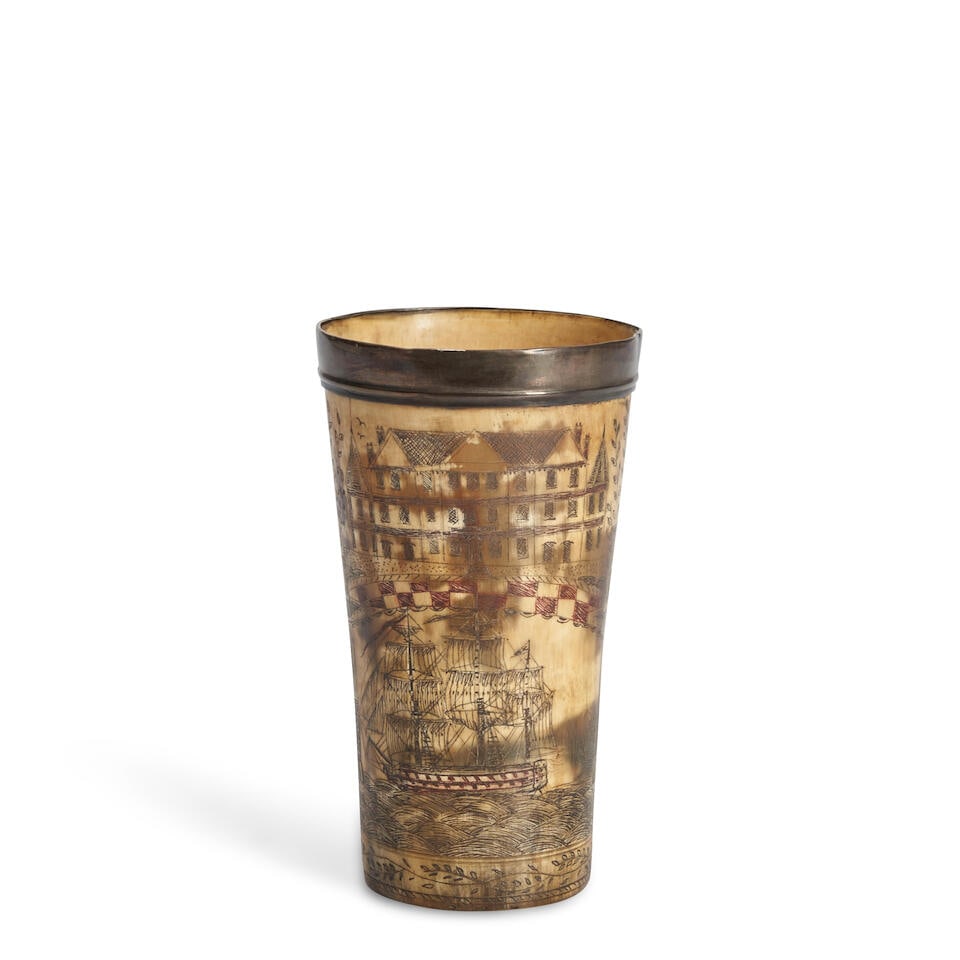 Mermaid and Ship Decorated Horn Tumbler France, c. 1840: Mermaid and Ship Decorated Horn Tumbler France, c. 1840 The rim mounted with silver band bearing French export hallmarks, intaglio carving depicts two winged mermaids over a crown, 'God is our Guide'