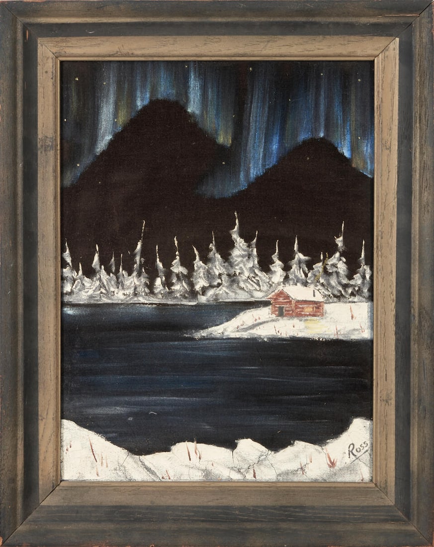 BOB ROSS (American, 1942-1995) Snowy Cabin with Two Mountains: BOB ROSS (American, 1942-1995) Snowy Cabin with Two Mountains signed 'ROSS' (lower right) oil on velvet 12 x 9 in. framed 14 3/4 x 11 3/4 in. Footnotes: N.B. Bob Ross first began painting in the early