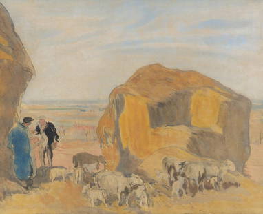 Sir Frank Brangwyn, RA (British, 1867-1956) Haystack, sheep and figures: Sir Frank Brangwyn, RA (British, 1867-1956) Haystack, sheep and figures indistinctly signed (lower right) watercolour over pencil 37 x 44cm (14 9/16 x 17 5/16in). Footnotes: Provenance Private collect