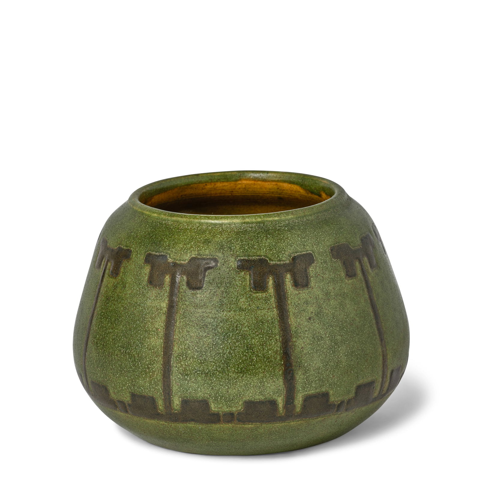 MARBLEHEAD POTTERY Vasecirca 1910glazed earthenware, impressed with firm's ship mark and MP ciph...: MARBLEHEAD POTTERY Vase circa 1910 glazed earthenware, impressed with firm's ship mark and MP cipher, incised with decorator's mark 'T' on underside height 4in (10cm); diameter 5 1/4in (13.4cm) Footno