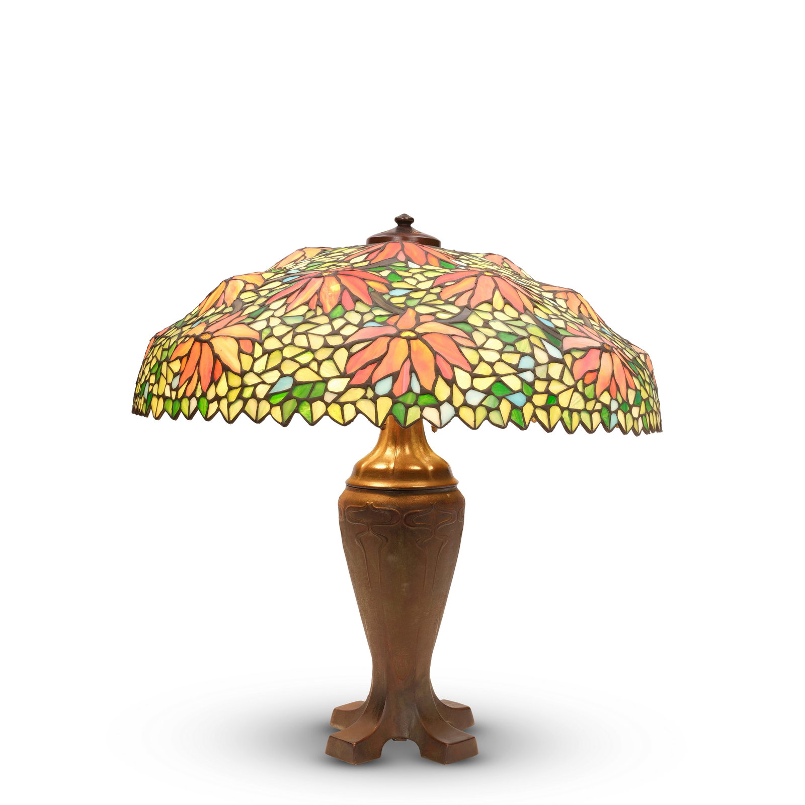 HANDEL (ESTABLISHED 1885) Floral Table Lampcirca 1920leaded glass, patinated metal, tag-stamped ...: HANDEL (ESTABLISHED 1885) Floral Table Lamp circa 1920 leaded glass, patinated metal, tag-stamped 'HANDEL' to interior of shade, raised signature 'HANDEL' to underside of base height 26in (66cm); diam