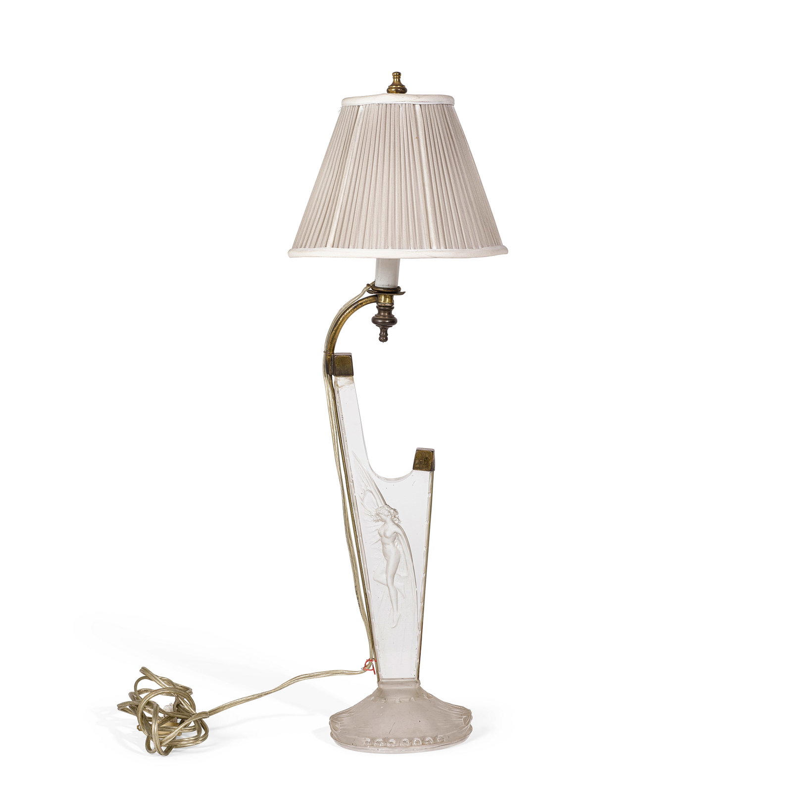 RENE LALIQUE (1860-1945) Table Lampfrosted, clear, and intaglio-carved glass, brass, engraved ma...: RENE LALIQUE (1860-1945) Table Lamp frosted, clear, and intaglio-carved glass, brass, engraved mark 'Lalique' height including shade 22in (56cm); diameter of base 5in (12.5cm) Footnotes: Provenance Pr