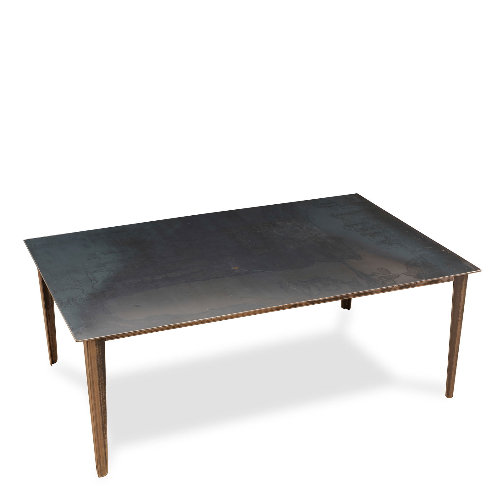 JOHN DICKINSON (1920-1982) Custom Coffee Table1981steel with blue watered finishheight 16in (40....: JOHN DICKINSON (1920-1982) Custom Coffee Table 1981 steel with blue watered finish height 16in (40.5cm); width 44in (112cm); depth 28in (71cm) Footnotes: Provenance Charlene Telford, San Francisco