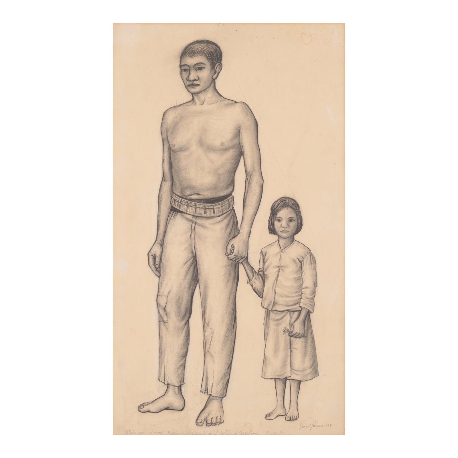 JUAN O'GORMAN (1905-1982) Study for 'Retablo de la Revolucion' Mural at Chapultepec Castle (Man ...: JUAN O'GORMAN (1905-1982) Study for 'Retablo de la Revolucion' Mural at Chapultepec Castle (Man and Girl) 1968 charcoal and pencil on paper, signed and dated 'Juan O'Gorman 1968' lower right, inscribe