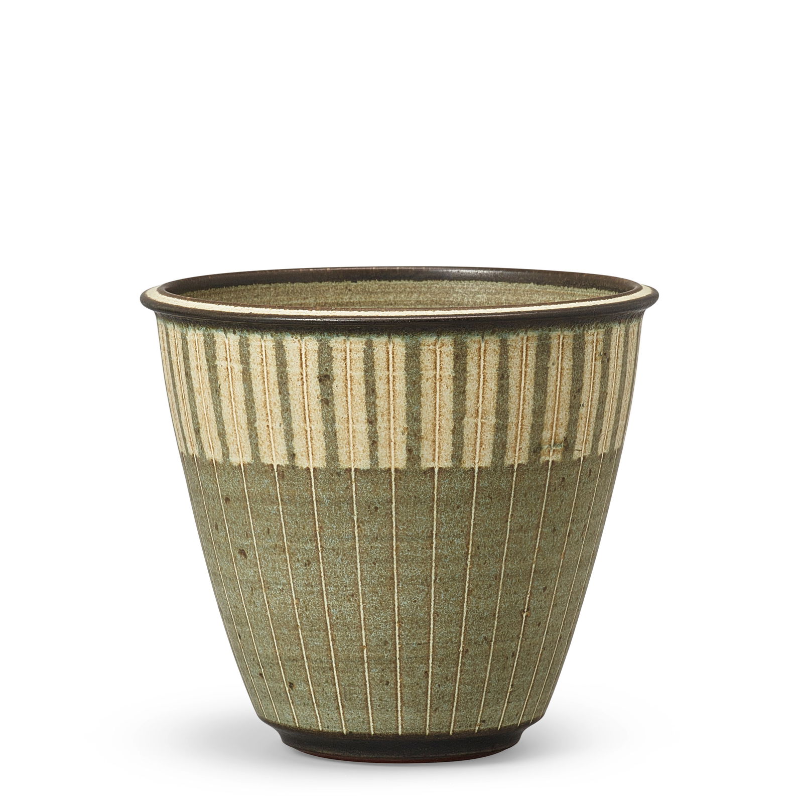 HARRISON MCINTOSH (1914-2016) Striped Vaseglazed stoneware, with stamped artist's chop mark and ...: HARRISON MCINTOSH (1914-2016) Striped Vase glazed stoneware, with stamped artist's chop mark and studio sticker on underside height 6 1/8in (15.2cm); diameter 6 3/4in (17.2cm) Footnotes: PROVENANCE Th