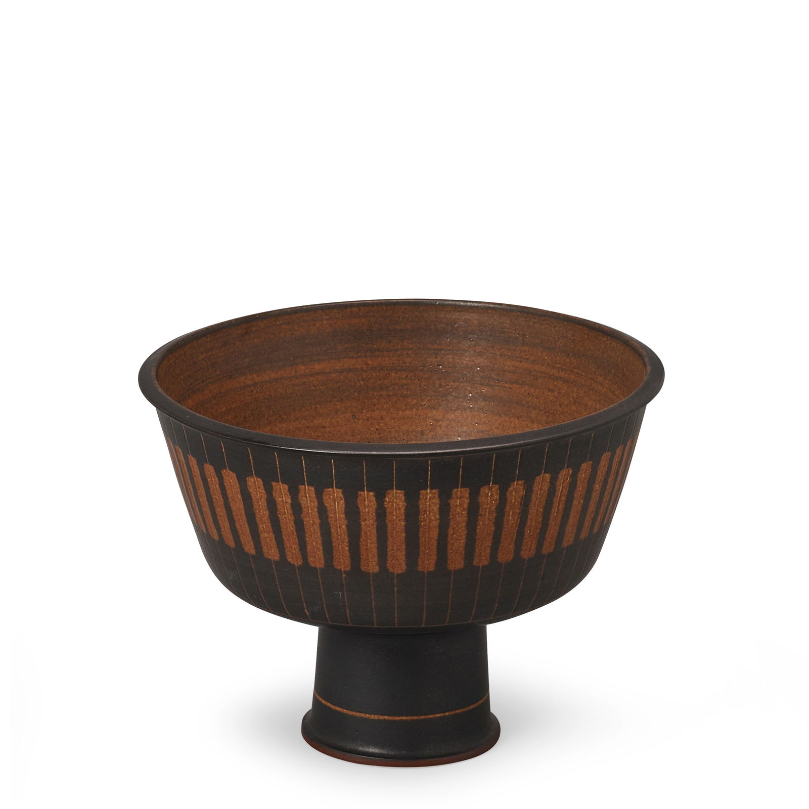 HARRISON MCINTOSH (1914-2016) Striped Compoteglazed stoneware, with stamped artist's chop mark a...: HARRISON MCINTOSH (1914-2016) Striped Compote glazed stoneware, with stamped artist's chop mark and studio sticker on underside height 7 1/4in (18.5cm); diameter 9 3/4in (25cm) Footnotes: PROVENANCE T