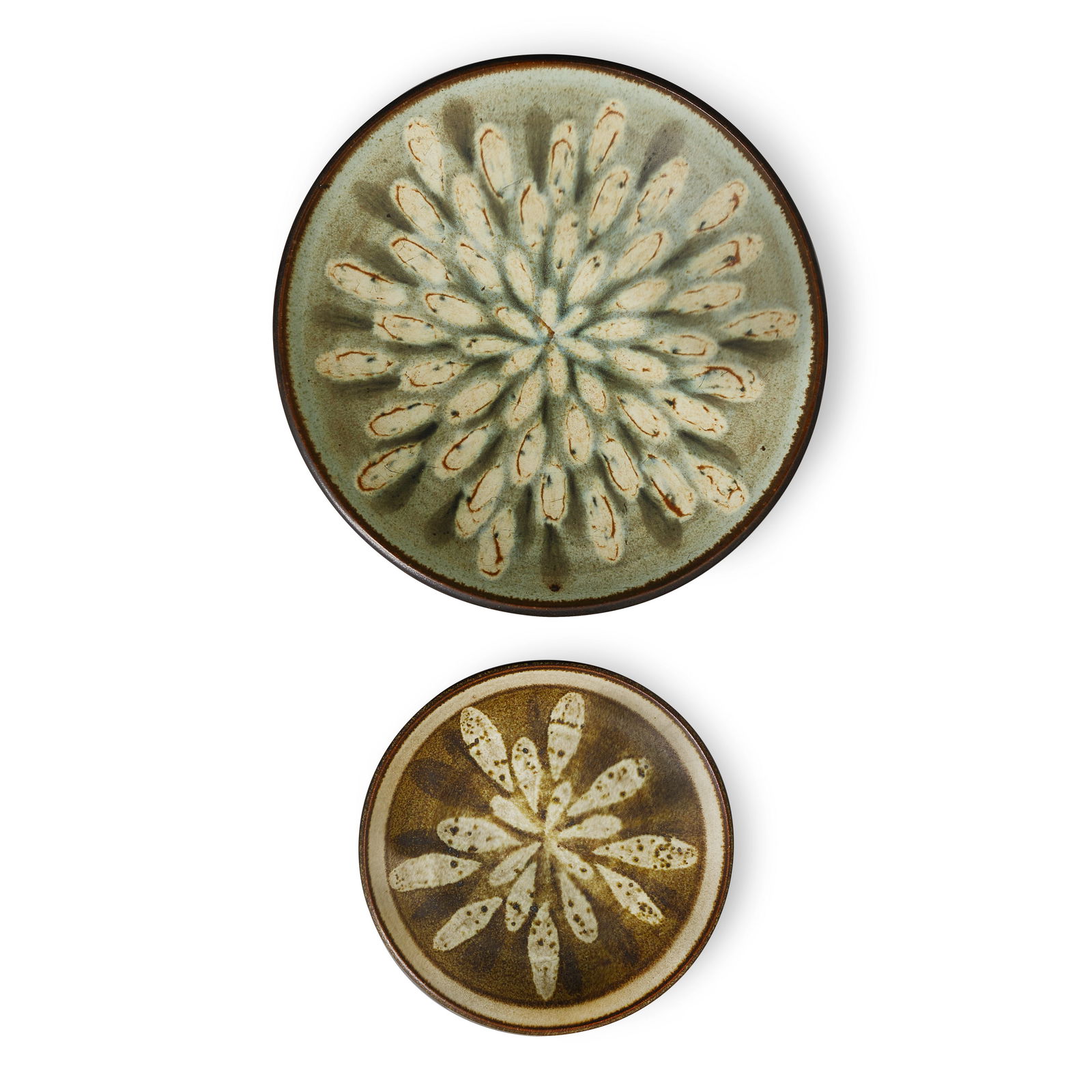 HARRISON MCINTOSH (1914-2016) Bowl and Footed Dishwith petal decoration, glazed stoneware, each ...: HARRISON MCINTOSH (1914-2016) Bowl and Footed Dish with petal decoration, glazed stoneware, each with stamped artist's chop mark and studio sticker on undersides, bowl with price sticker number '75125