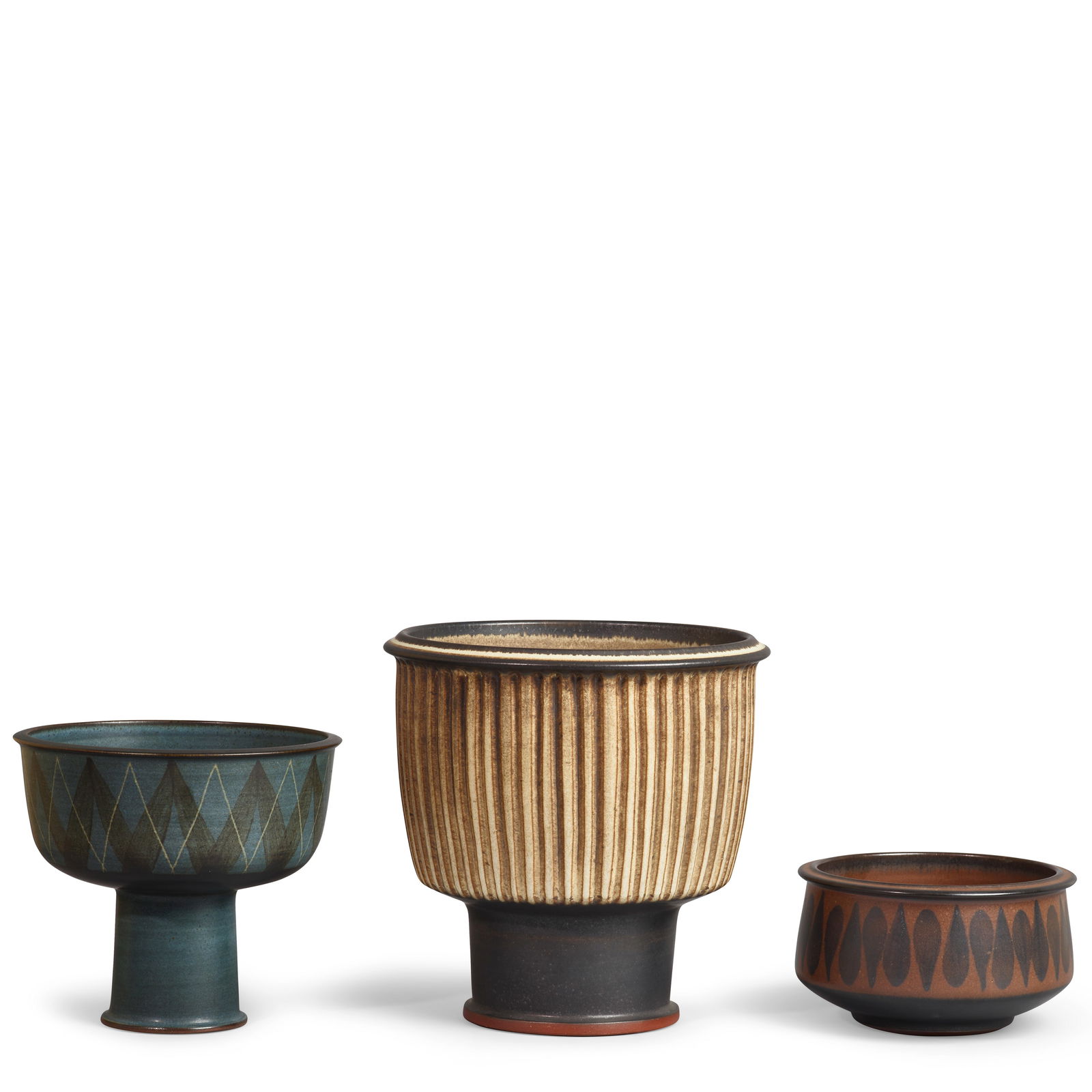 HARRISON MCINTOSH (1914-2016) Two Bowls and a Compoteglazed stoneware, each with stamped artist'...: HARRISON MCINTOSH (1914-2016) Two Bowls and a Compote glazed stoneware, each with stamped artist's chop mark and studio sticker on underside, tallest bowl with price sticker number '72146' height of t