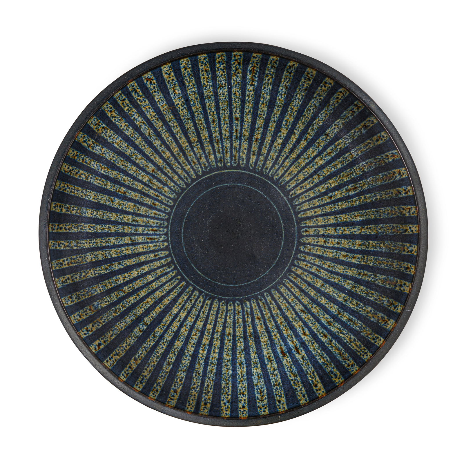 HARRISON MCINTOSH (1914-2016) Large Bowlwith sunburst decoration, glazed stoneware, with stamped...: HARRISON MCINTOSH (1914-2016) Large Bowl with sunburst decoration, glazed stoneware, with stamped artist's chop mark and studio sticker on underside height 2 1/4in (6cm); diameter 14 1/2in (37cm) Foot