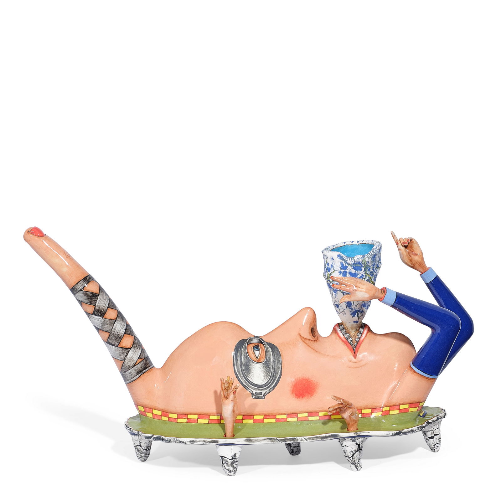 SERGEI ISUPOV (BORN 1963) Good Morning USA Teapot1995glazed and hand-painted porcelain, signed i...: SERGEI ISUPOV (BORN 1963) Good Morning USA Teapot 1995 glazed and hand-painted porcelain, signed in glaze 'Vcynof' on one side height 11in (28cm); width 21in (53.3cm); depth 7in (17.8cm) Footnotes: Th