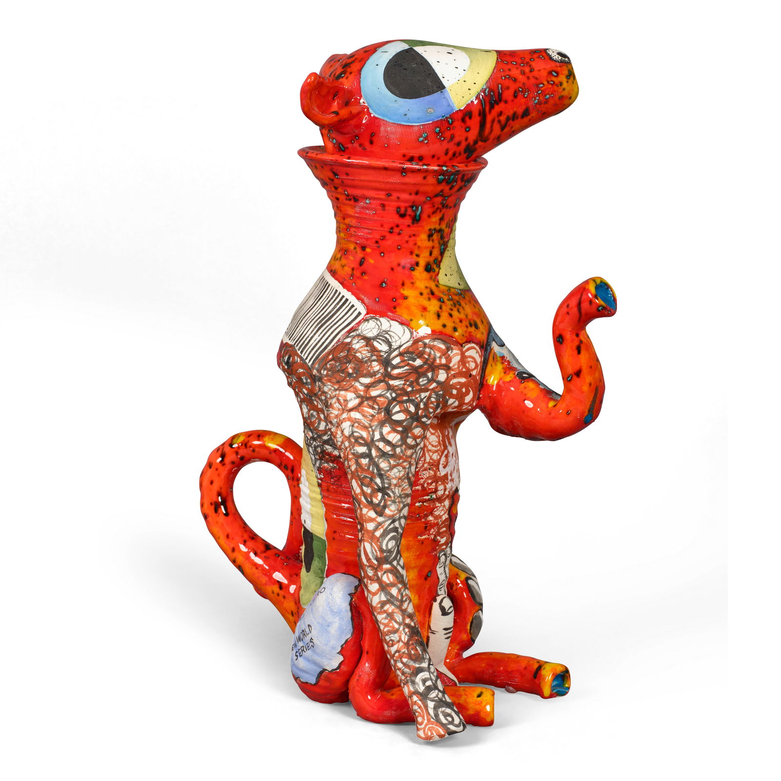 MICHAEL LUCERO (BORN 1953) Zoomorphic Teapot1993from the New World Series, glazed and painted e...: MICHAEL LUCERO (BORN 1953) Zoomorphic Teapot 1993 from the New World Series, glazed and painted earthenware, signed in black 'MICHAEL LUCERO NEW WORLD SERIES' on lower side height 16in (40.8cm); width