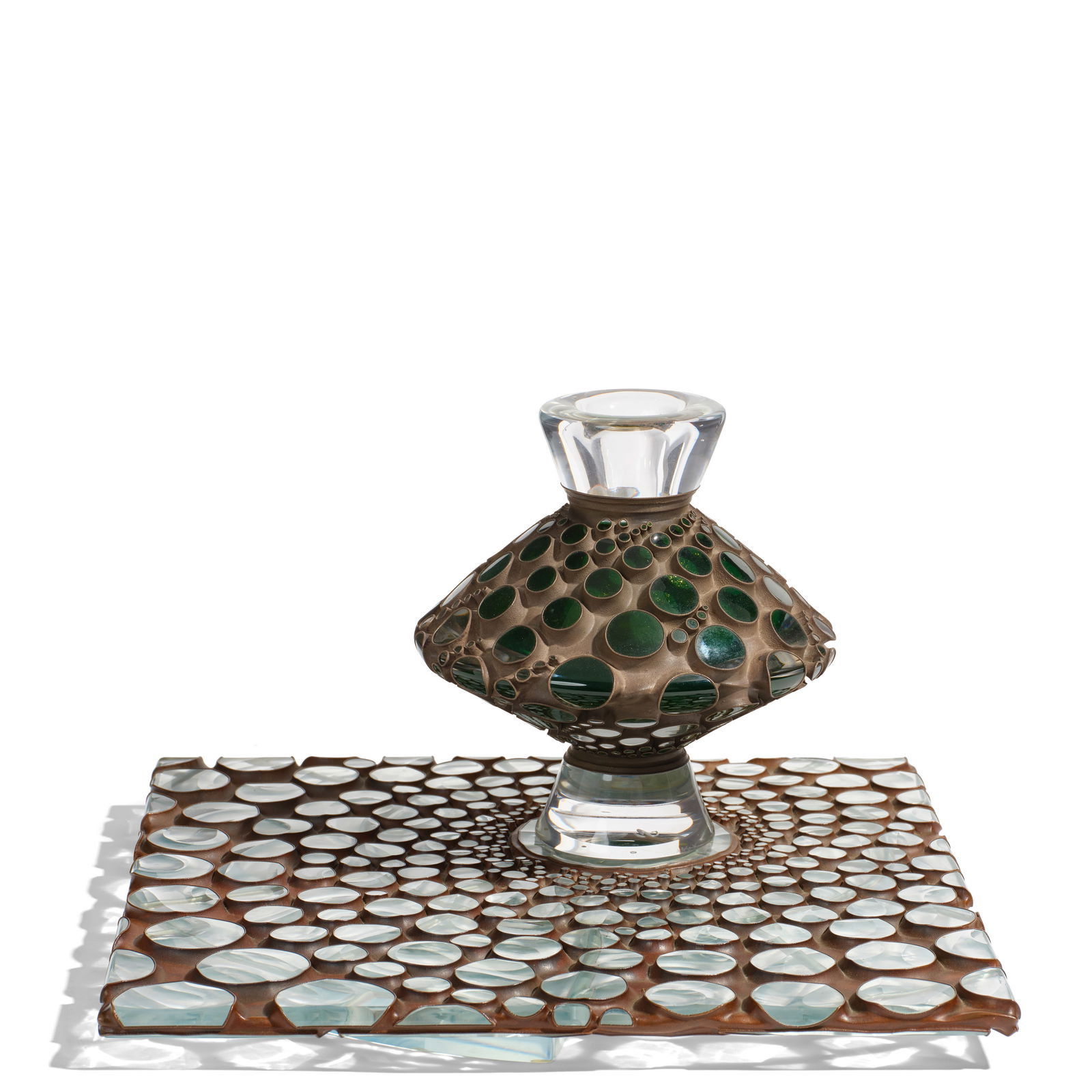 MICHAEL GLANCY (1950-2020) Vessel on Stand2006blown, cut and plate glass, with electro-formed co...: MICHAEL GLANCY (1950-2020) Vessel on Stand 2006 blown, cut and plate glass, with electro-formed copper exterior, inscribed 'MICHAEL GLANCY 2006' along perimeter of vessel and with artist's monogram on