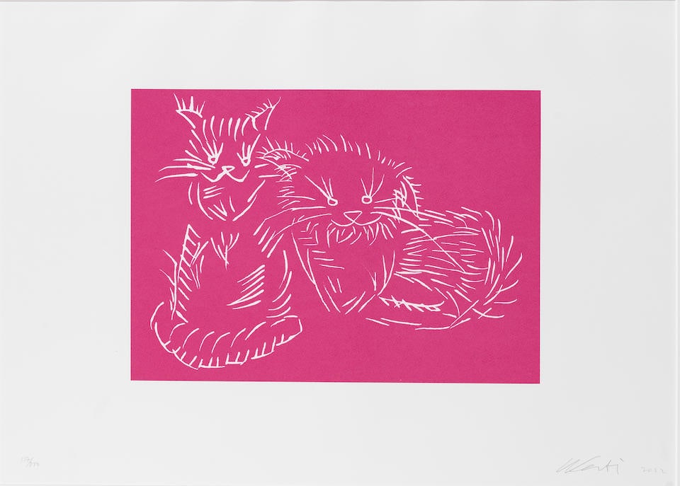 Ai Weiwei (Chinese, born 1957) Cats (Pink) Screenprint in pink, 2022, on Somerset Velvet wove pa...: Ai Weiwei (Chinese, born 1957) Cats (Pink) Screenprint in pink, 2022, on Somerset Velvet wove paper, signed, dated and numbered 117/300 in pencil, published by Kettle's Yard, Cambridge, the full sheet
