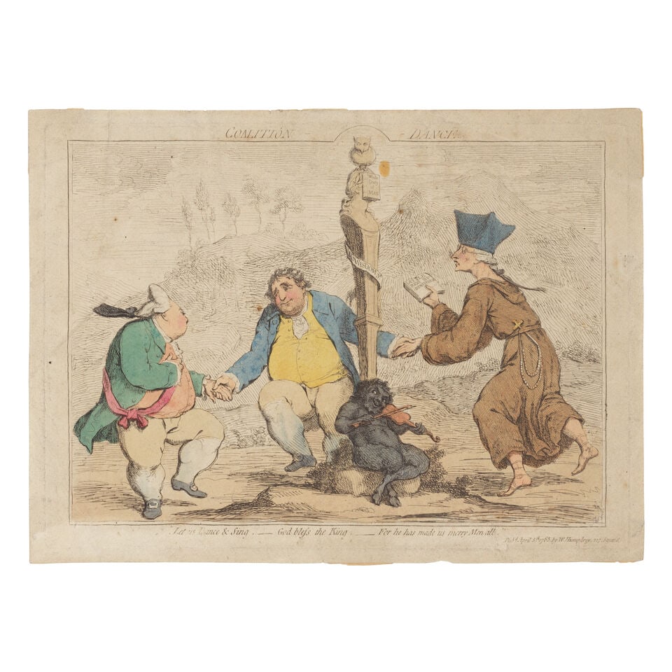 James Gillray (British, 1756-1815) Coalition dance Etching with hand-colouring, 1783, on wove pa...: James Gillray (British, 1756-1815) Coalition dance (BM 6205) Etching with hand-colouring, 1783, on wove paper, published by Hannah Humphrey, with small margins, unframed Plate 250 x 345mm (9 7/8 x 13
