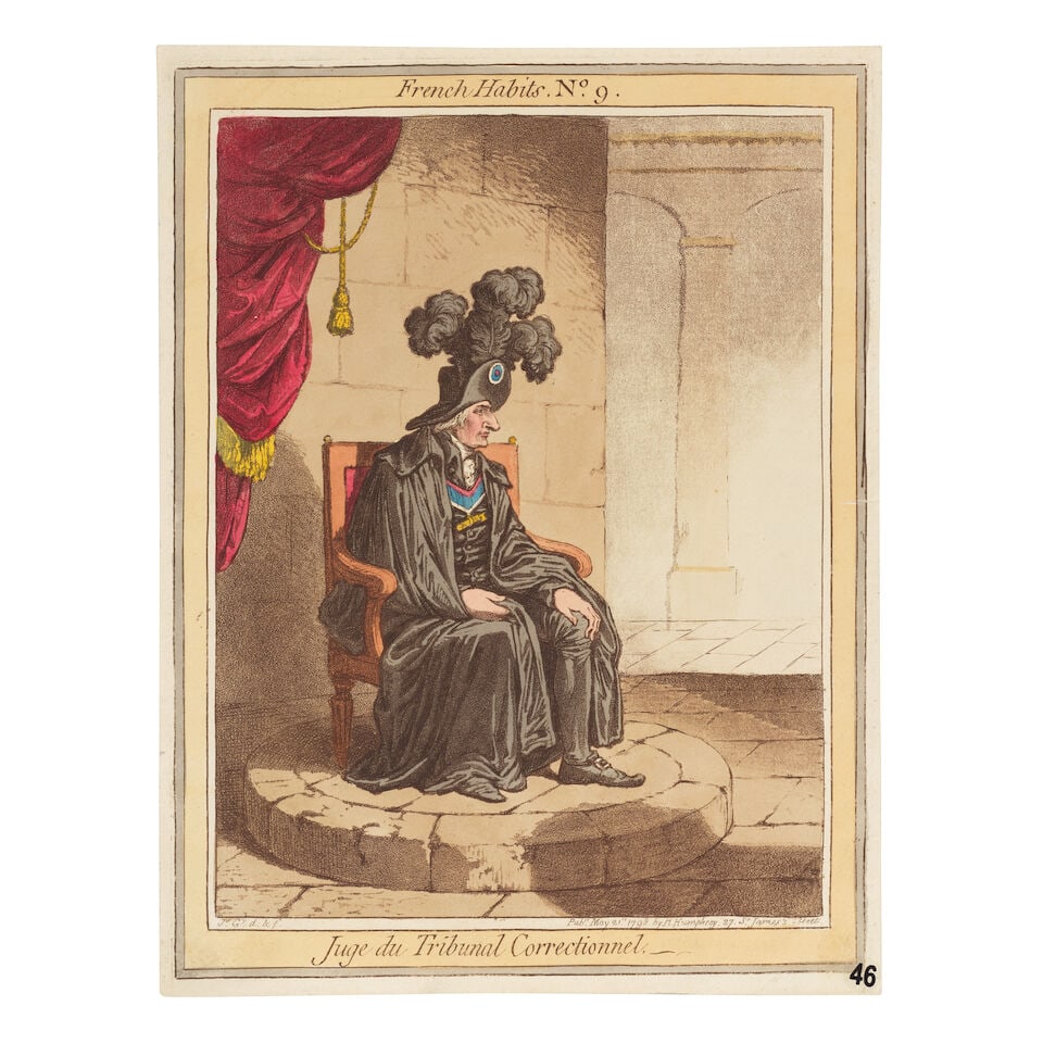 James Gillray (British, 1756-1815) French Habits The rare complete set of twelve etchings with h...: James Gillray (British, 1756-1815) French Habits (BM 9196-9201, 9208-9213) The rare complete set of twelve etchings with hand-colouring, 1798, on wove paper, published by Hannah Humphrey, London, some