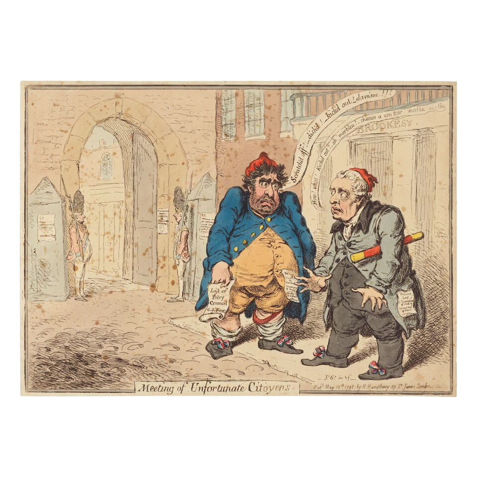 James Gillray (British, 1756-1815) Meeting of Unfortunate Citoyens Etching with hand-colouring, ...: James Gillray (British, 1756-1815) Meeting of Unfortunate Citoyens (BM 9205) Etching with hand-colouring, 1798, on wove paper, published by Hannah Humphrey, London, trimmed to or just outside the plat