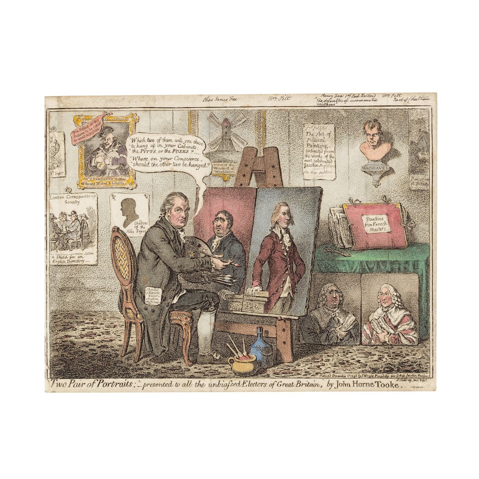 James Gillray (British, 1756-1815) Two Pair of Portraits Etching with hand-colouring, 1798, on w...: James Gillray (British, 1756-1815) Two Pair of Portraits (BM 9270) Etching with hand-colouring, 1798, on wove paper, published by John Wright, London, trimmed just outside the platemark, unframed Plat