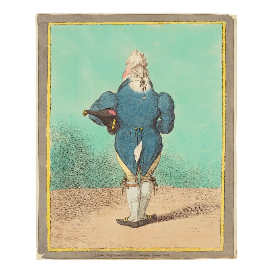 James Gillray (British, 1756-1815) Untitled (The Prince of Wales)(Two Works) Two etchings with h...: James Gillray (British, 1756-1815) Untitled (The Prince of Wales)(Two Works) (BM 9846) Two etchings with hand-colouring, 1802, on wove paper, published by Hannah Humphrey, London, the first trimmed to