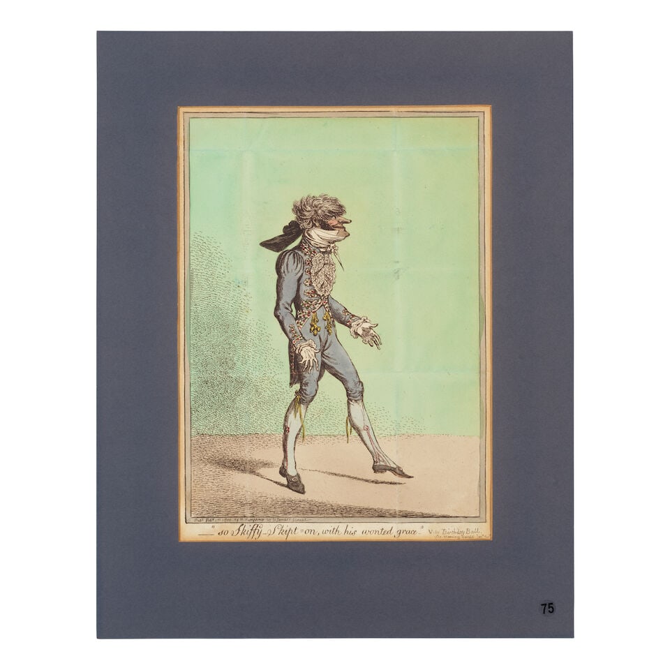 James Gillray (British, 1756-1815) So Skiffy-Skipt-on, with his wonted grace; The inexpressible ...: James Gillray (British, 1756-1815) So Skiffy-Skipt-on, with his wonted grace; The inexpressible air of dignity (BM 9557, 10158) Two etchings with hand-colouring, 1800-03, on wove paper, published by H