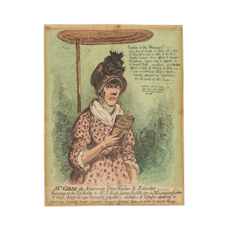 James Gillray (British, 1756-1815) Mrs. Gibbs the Notorious Street Walker & Extorter Etching wit...: James Gillray (British, 1756-1815) Mrs. Gibbs the Notorious Street Walker & Extorter (BM 9443) Etching with hand-colouring, 1799, on laid paper, published in London, trimmed to just outside the platem