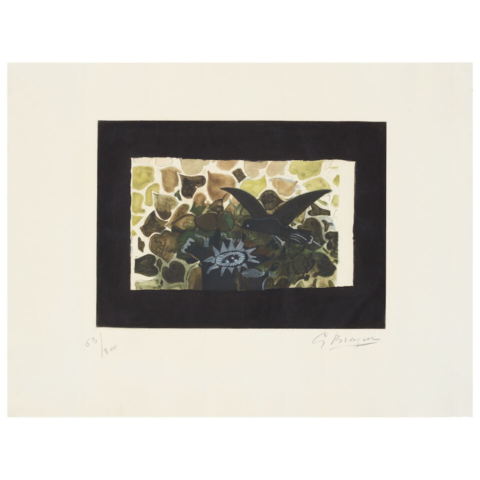 After Georges Braque (French, 1882-1963) Le nid vert Aquatint in colours, circa 1950, on BFK Riv...: After Georges Braque (French, 1882-1963) Le nid vert (Vallier M.1028) Aquatint in colours, circa 1950, on BFK Rives wove paper, signed and numbered 63/300 in pencil, printed by Atelier Crommelynck, wi