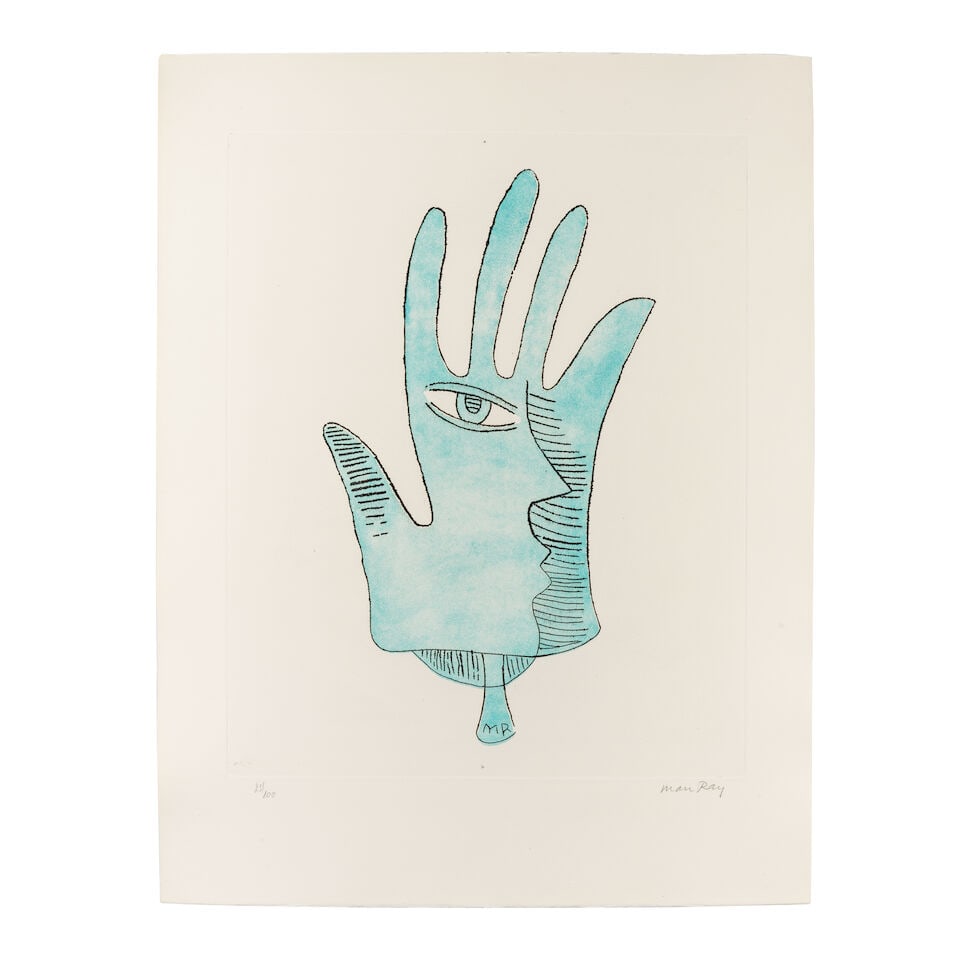 Man Ray (American, 1890-1976) La Maine Bleue Etching and aquatint in colours, 1971, on Arches wo...: Man Ray (American, 1890-1976) La Maine Bleue (not in Anselmino) Etching and aquatint in colours, 1971, on Arches wove paper, signed and numbered 25/100 in pencil, the full sheet, unframed Plate 493 x