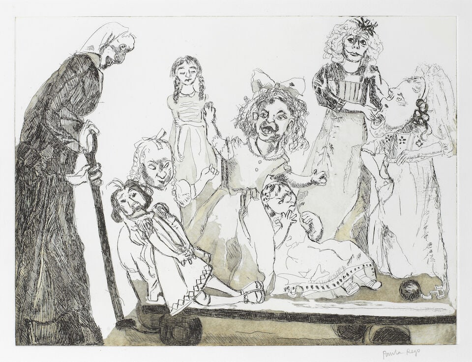 Dame Paula Rego R.A. (British, 1935-2022) Death Goes Shopping Etching with aquatint and grey wa...: Dame Paula Rego R.A. (British, 1935-2022) Death Goes Shopping Etching with aquatint and grey wash, 2010, on Somerset wove paper, signed in pencil, a unique stage proof produced in preparation for the