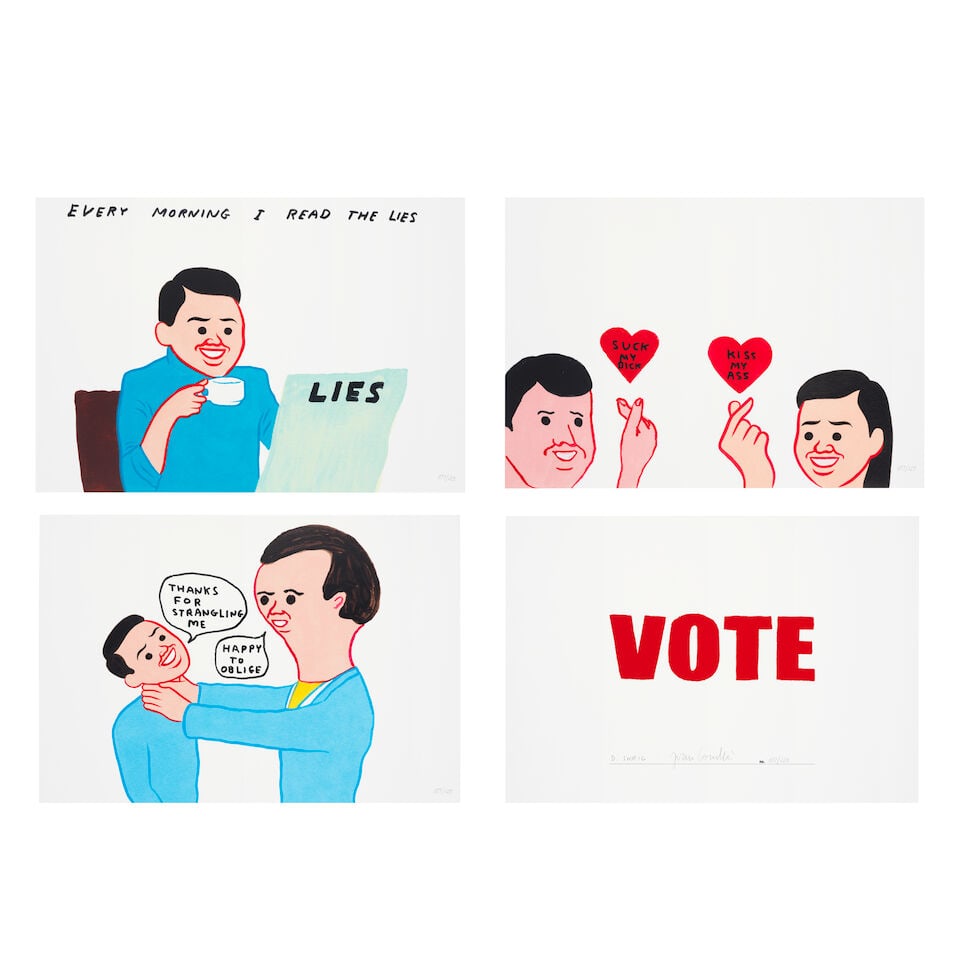 David Shrigley (British, born 1968) and Joan Cornellà (Spanish, born 1981) Vote (Horizontal...: David Shrigley (British, born 1968) and Joan Cornellà (Spanish, born 1981) Vote (Horizontal) The complete set, 2022, comprising eight screenprints in colours on wove paper, with title page, each