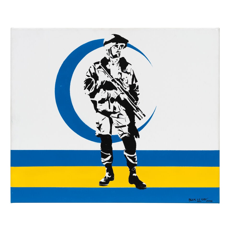 Blek Le Rat (French, born 1952) Occupational Force Spray paint and stencil on canvas, 2006, sign...: Blek Le Rat (French, born 1952) Occupational Force Spray paint and stencil on canvas, 2006, signed and dated in black paint, numbered 2/3 in black ink and with the artist's name stencilled verso, unfr