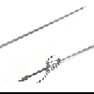 A 17TH CENTURY PORTUGUESE SWEPT HILT BROADSWORD.: A 17TH CENTURY PORTUGUESE SWEPT HILT BROADSWORD. The hilt with beaded guard, quillons and pommel, plain wood grip; straight double-edge blade with traces of cutler marks on the ricasso. Overall lg. 42