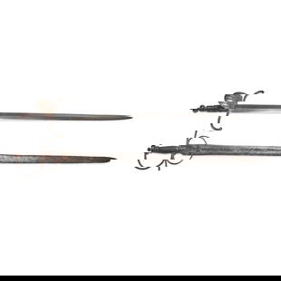 TWO 17TH/18TH CENTURY EUROPEAN BROADSWORDS.: TWO 17TH/18TH CENTURY EUROPEAN BROADSWORDS. With iron hilts, one with large shell guard and wide scrolling quillons, faceted pommel and carved wood grip, mounted on a straight double-edge blade; the o