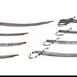 FOUR AMERICAN/SPANISH COLONIAL CUTLASSES,: FOUR AMERICAN/SPANISH COLONIAL CUTLASSES, 18th/19th century. Iron hilts with wood or bone grips and curved single-edge blades. Overall lg. to 38 in. For further information on this lot please visit Bo