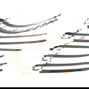 FIVE SPANISH MILITARY SWORDS,: FIVE SPANISH MILITARY SWORDS, 19th century. Including a cavalry saber with iron hilt and checkered wood grip, curved single-edge blade marked 'ARTILLERIA/FABRICA DE TOLEDO' with steel scabbard; a swor