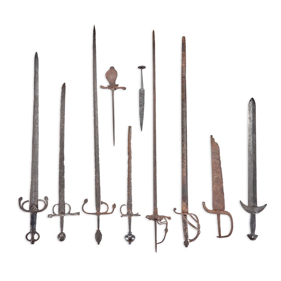 NINE RELIC MOSTLY 16TH-19TH CENTURY SWORDS AND DAGGERS. (1 of 1)