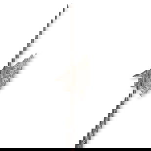 A 16TH CENTURY EUROPEAN HALBERD.: A 16TH CENTURY EUROPEAN HALBERD. The tall narrow spike integrally forged with a curved blade and short beak at the back, forged socket, mounted on a later hard wood pole. Head ht. 25 3/4, overall lg.
