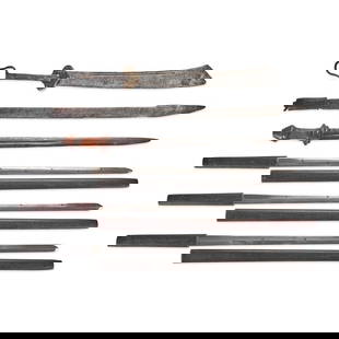 FOUR JAPANESE TSURUGI SWORDS AND TWO PROVINCIAL SWORDS.: FOUR JAPANESE TSURUGI SWORDS AND TWO PROVINCIAL SWORDS. Three of the Tsurugi with hard wood hilts and scabbards, Damascus steel double-edge blades with pierced circular inlays; one with carved grip an