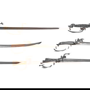 THREE 18TH CENTURY SWORDS.: THREE 18TH CENTURY SWORDS. Two hangers with iron shell guard hilts and staghorn grips, one with curved blade, the other with straight blade; and a cavalry broadsword with brass hilt, the front of the
