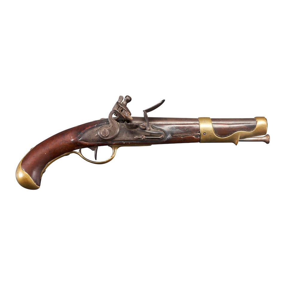 A FRENCH MODEL 1763-66 FLINTLOCK CAVALRY PISTOL.: A FRENCH MODEL 1763-66 FLINTLOCK CAVALRY PISTOL. 1770s. 8 3/4 in., .70 caliber barrel with worn proof marks on the left side of the breech, flat lock plate marked 'Manufacture/de St. Etienne' with rep