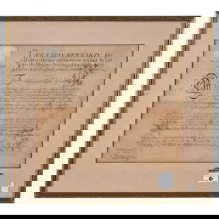 A PRINTED TOWN OF BOSTON, MASSACHUSETTS, MILITARY COMMISSION,: A PRINTED TOWN OF BOSTON, MASSACHUSETTS, MILITARY COMMISSION, 1767. Printed document signed 'Fra. Bernard' as Governor of Massachusetts, partially engraved and accomplished in manuscript, appointing H