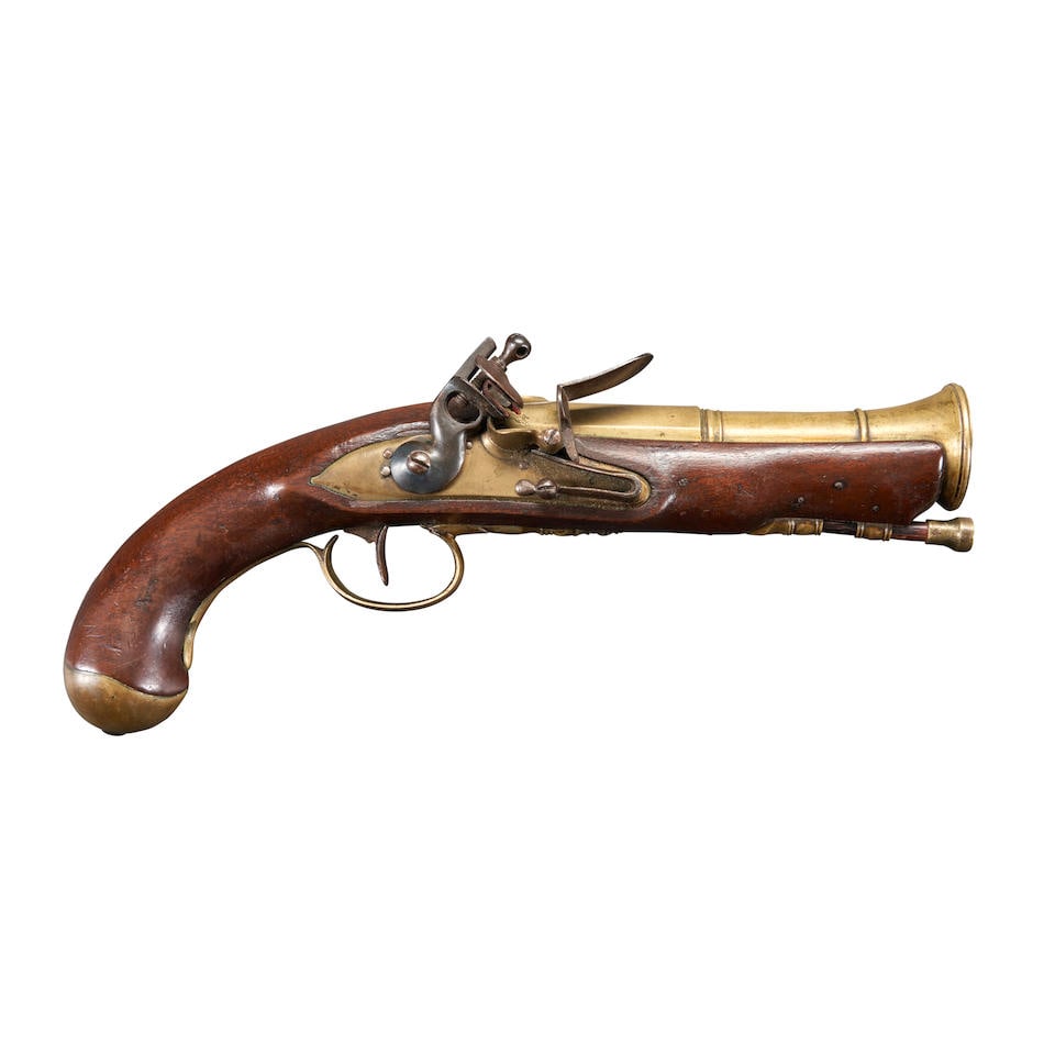A FRENCH FLARING MUZZLE FLINTLOCK PISTOL,: A FRENCH FLARING MUZZLE FLINTLOCK PISTOL, late 18th/early 19th century. 6 5/8 in., brass barrel with widely flaring muzzle; brass lock plate with pointed tail; walnut stock; brass furniture including