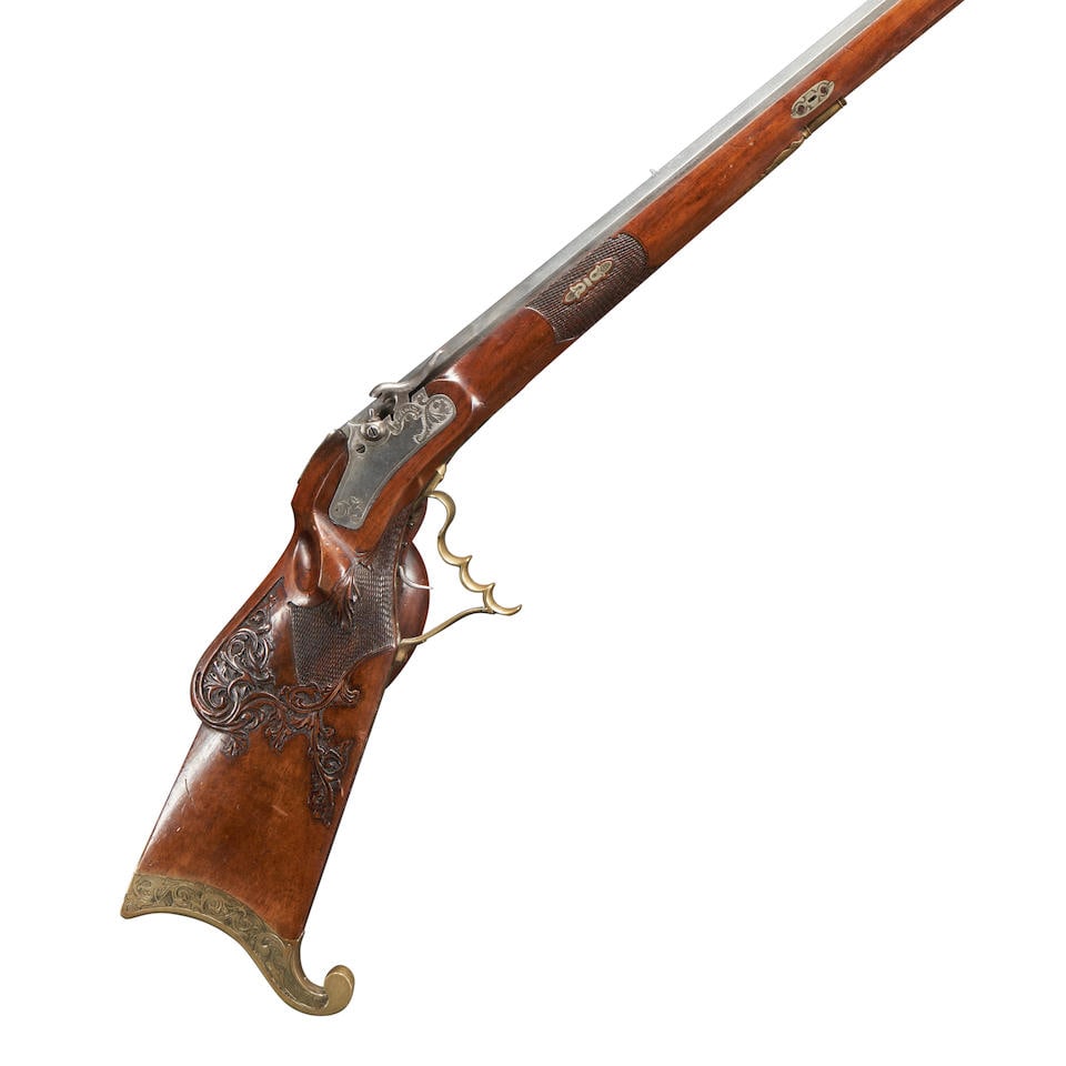 AN AUSTRIAN PERCUSSION SPORTING RIFLE OF TYROLEAN TYPE BY A. KNITTEL,: AN AUSTRIAN PERCUSSION SPORTING RIFLE OF TYROLEAN TYPE BY A. KNITTEL, c. 1845-50. 36 1/8 in., .50 caliber octagon barrel; flat lock plate with chased foliate decoration and signed 'A:Knittel'; walnut 