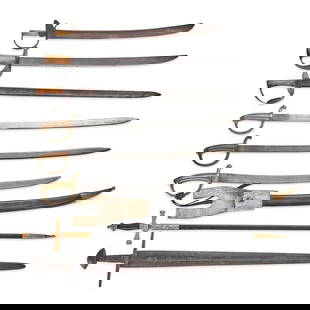 EIGHT REPRODUCTION SPANISH SWORDS AND CUTLASSES.: EIGHT REPRODUCTION SPANISH SWORDS AND CUTLASSES. Including three briquet-type swords, a likely fraternal or decorative sword, three naval cutlasses, and a 12th century-style broadsword in relic condit