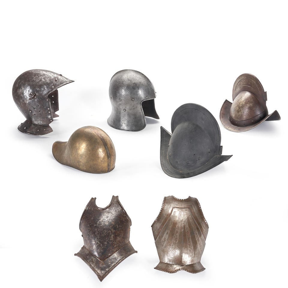 FIVE VICTORIAN REPRODUCTION MEDIEVAL-STYLE HELMETS AND TWO MINIATURE BREASTPLATES. (1 of 1)