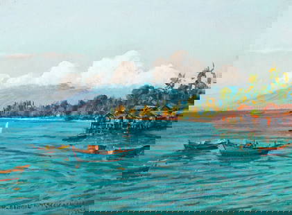 David Howard Hitchcock (1861-1943) Lahaina Harbor, Maui, Looking Toward Moloka'i 12 x 16 in. (30...: David Howard Hitchcock (1861-1943) Lahaina Harbor, Maui, Looking Toward Moloka'i signed and dated 'D. HOWARD HITCHCOCK H.I. 1932' (lower right) oil on canvas 12 x 16 in. (30.5 x 40.6 cm) Painted in 19