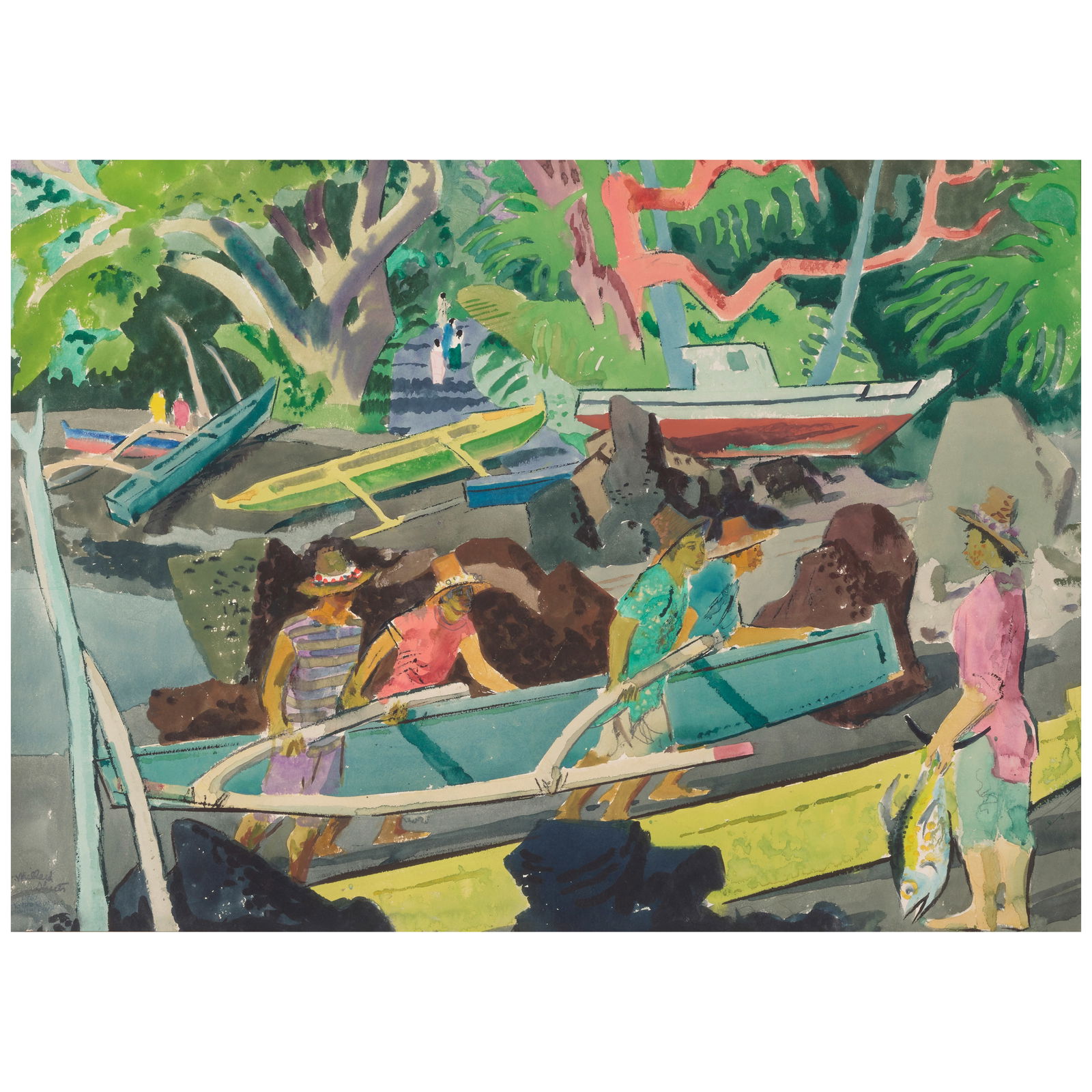 Millard Sheets (1907-1989) Filipino Fishermen, Hawaiʻi 22 x 30 in. (55.8 x 76.2 cm) (Paint...: Millard Sheets (1907-1989) Filipino Fishermen, Hawaiʻi signed, dated and dedicated 'Millard Sheets / 1961 To the Burgis with Love' (lower left), titled (on the reverse), titled, dated, and dedica