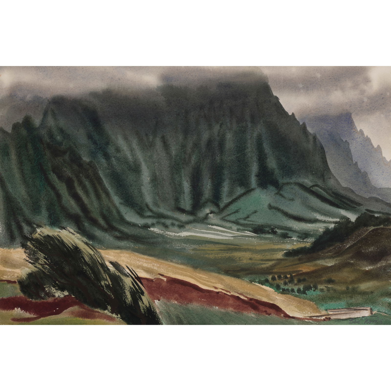 Ben (Robert Benjamin) Norris (1910-2006) From the Pali Road 14 x 20 1/2 in. (35.6 x 52.1 cm) unf...: Ben (Robert Benjamin) Norris (1910-2006) From the Pali Road signed 'Ben Norris' (lower right), titled on the mat (on the reverse) watercolor on paper 14 x 20 1/2 in. (35.6 x 52.1 cm) unframed Painted