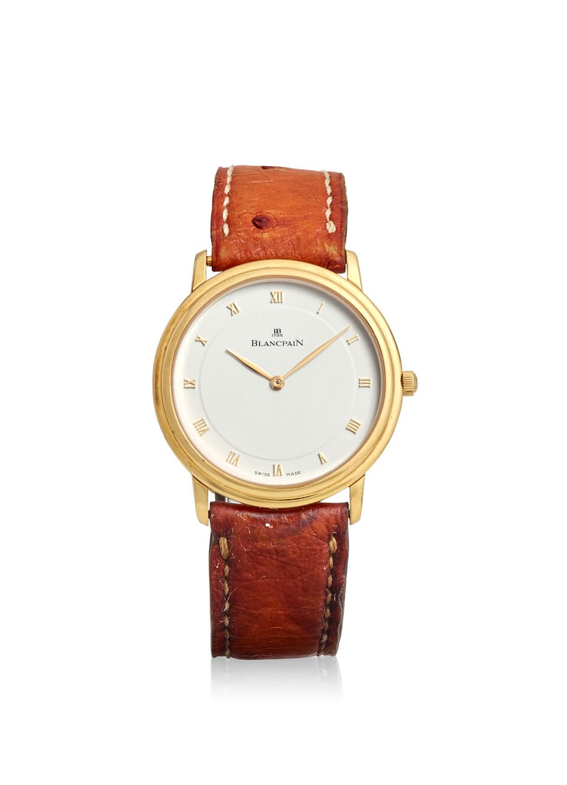 BLANCPAIN. AN ULTRA THIN 18K GOLD MANUAL WIND WRISTWATCH Villeret, c. 1990s (1 of 3)