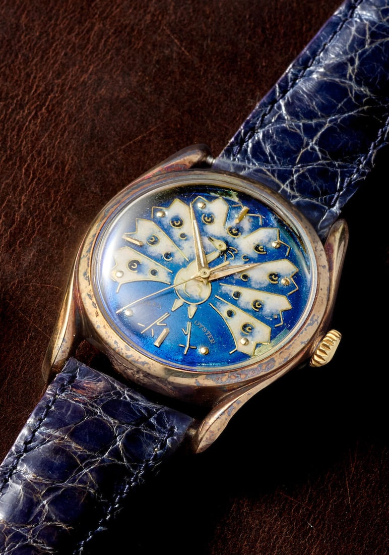 ROLEX. A VERY RARE 14K GOLD AUTOMATIC BUBBLE BACK WRISTWATCH WITH LATER CLOISONNÉ ENAMEL DI... (1 of 5)