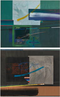 Mohammad  Mohreddin (Iraq, born 1938) Untitled 59 x 73 cm each: Mohammad Mohreddin (Iraq, born 1938) Untitled Mixed media on paper in two parts, framed each part signed 'M Muhraddin' and dated '89' in English (lower left), executed in 1989 59 x 73 cm each Footnote